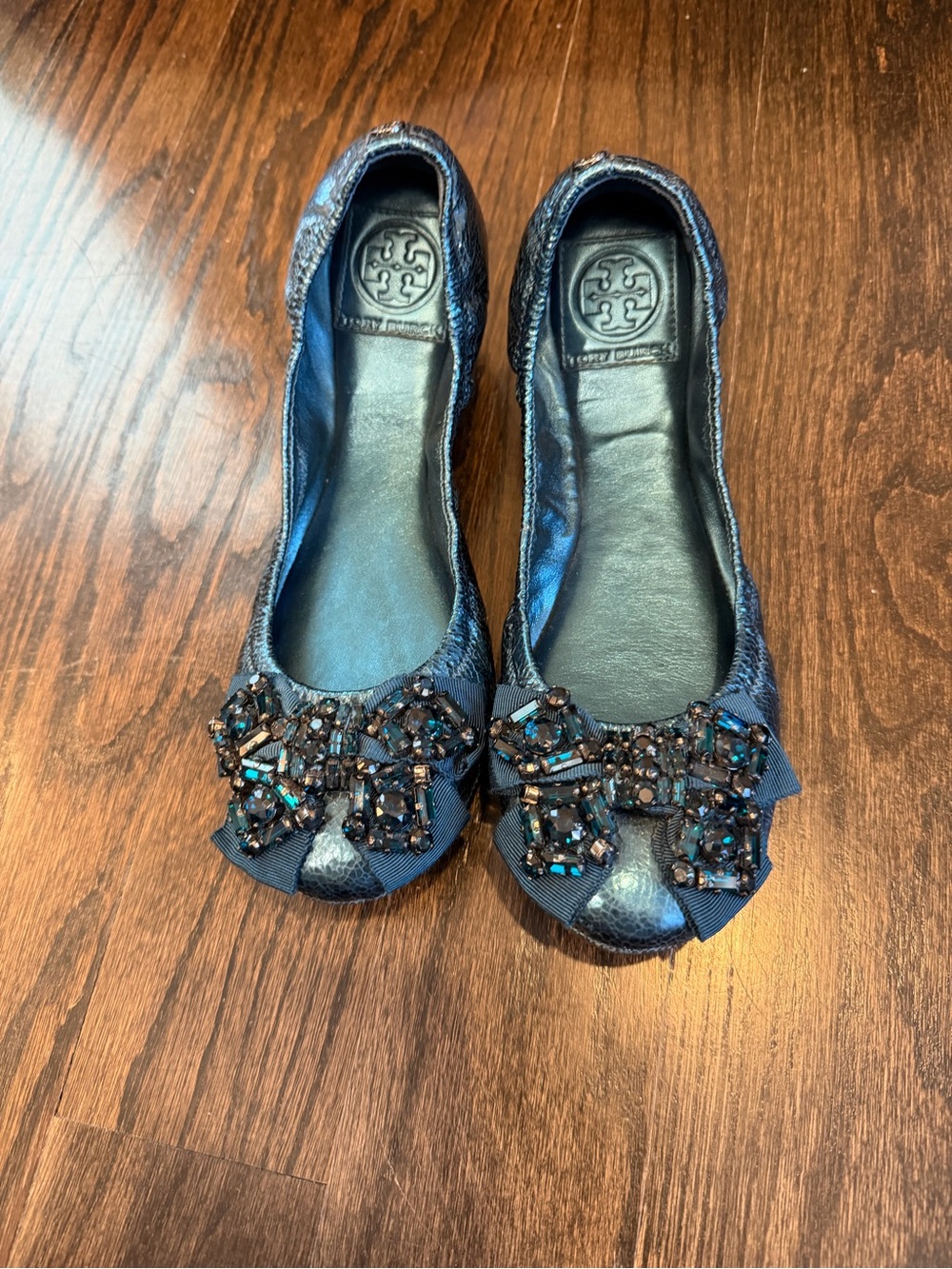 Tory Burch Navy Jeweled Bow Ballet Flats